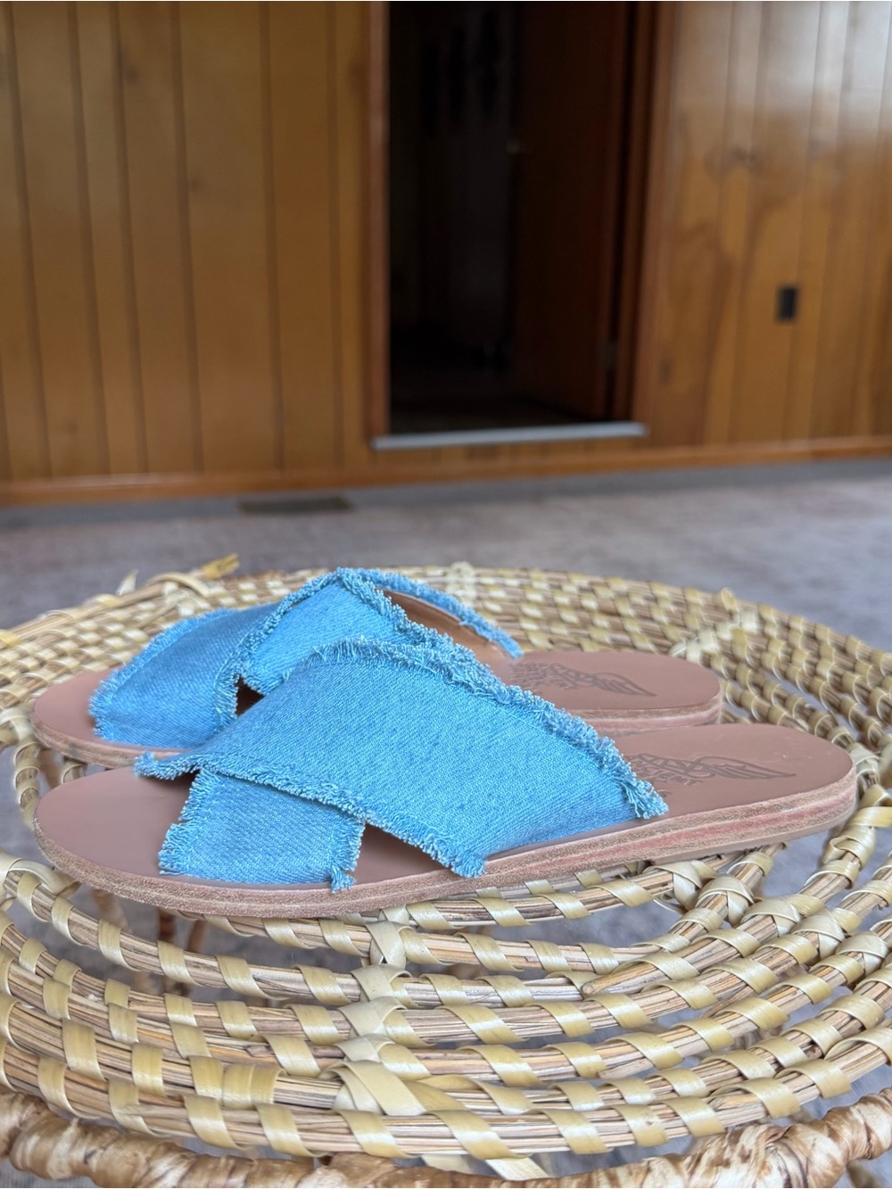 Ancient Greek Sandals Light Blue Denim Frayed Cross-Strap Slides Size 38